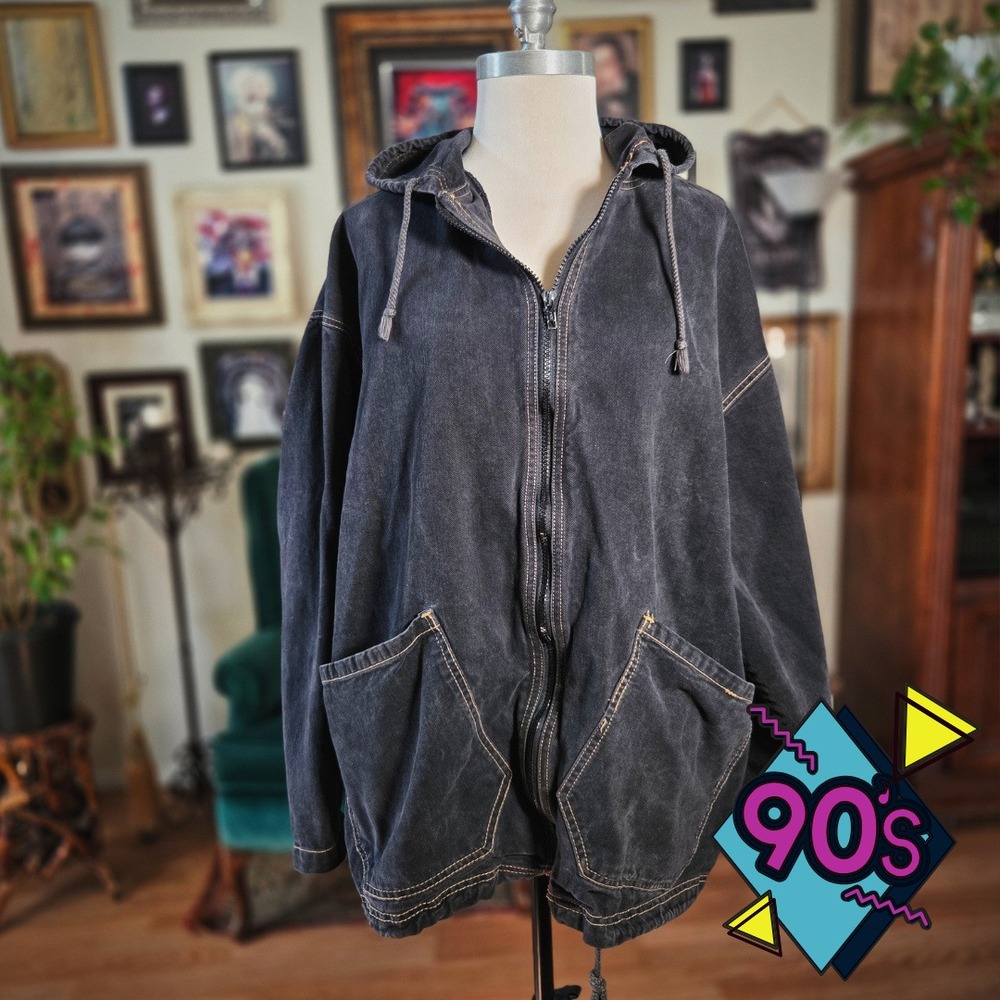Anchor Blue Denim Jacket Vintage 90s Black Hooded Grunge Baggy Zip Up Mens Large